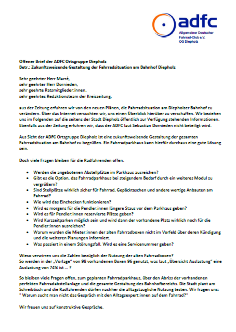 Offener Brief der ADFC OG Diepholz Offener Brief der ADFC OG Diepholz